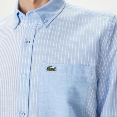  Erkek Regular Fit Çizgili Mavi Gömlek