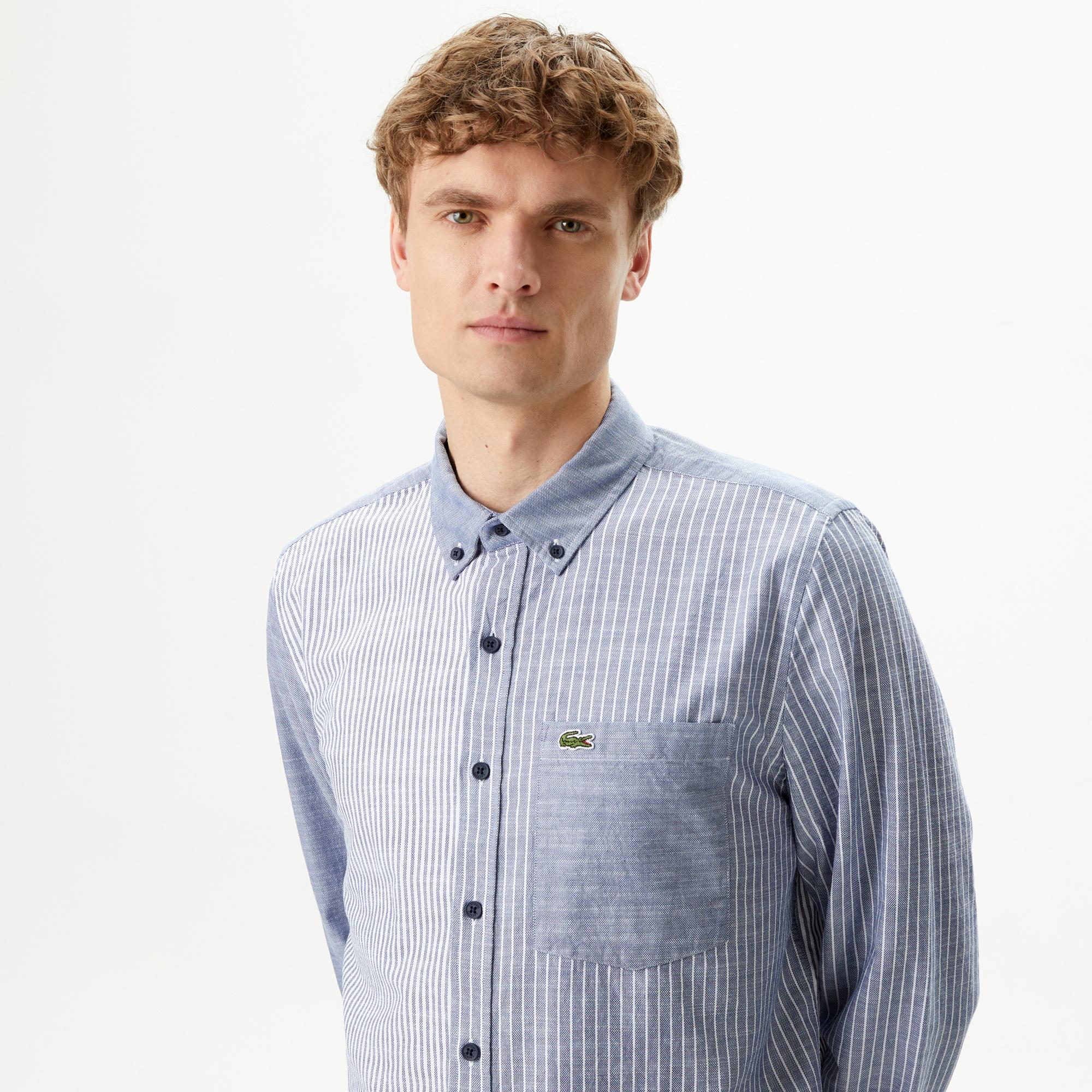 Erkek Regular Fit Çizgili Lacivert Gömlek