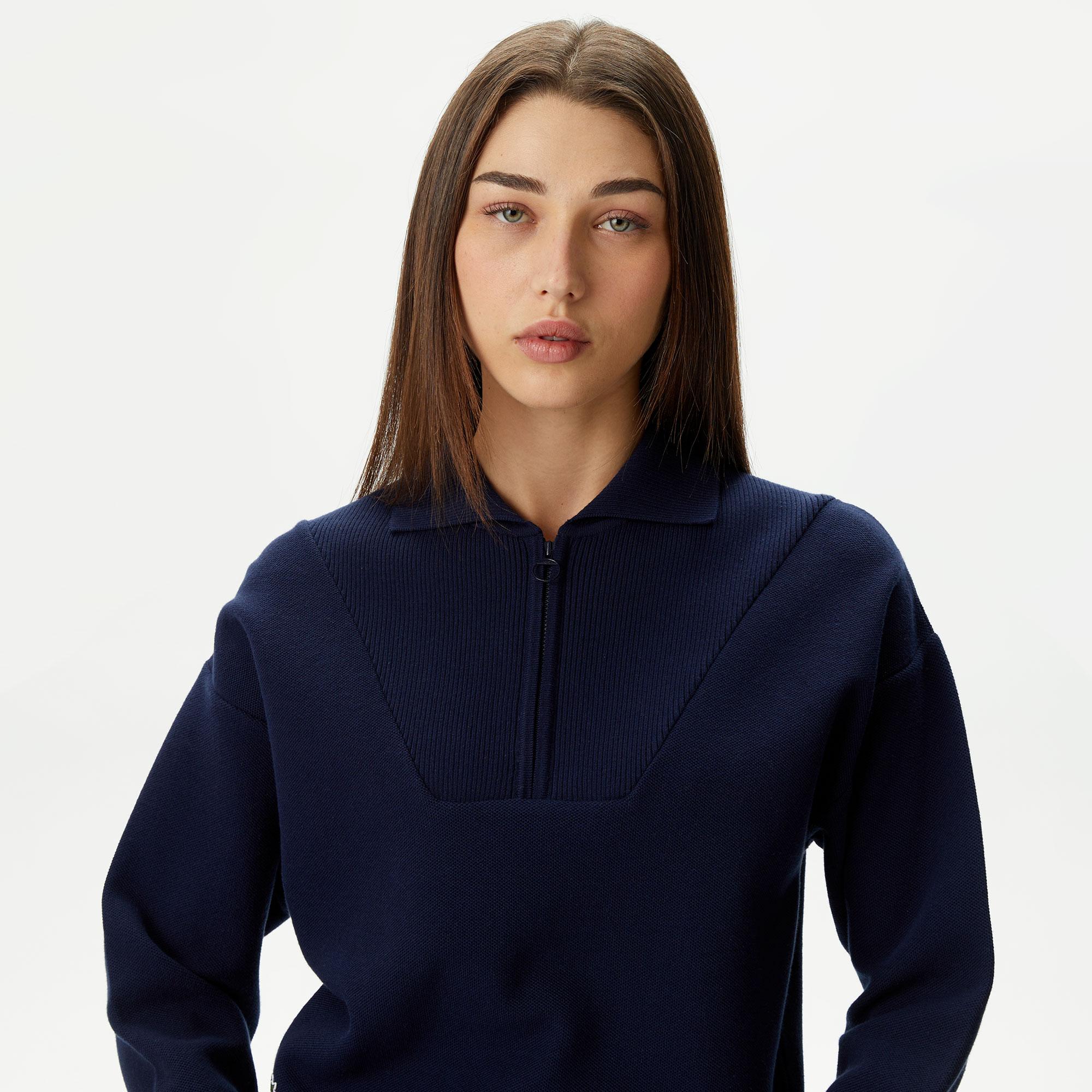 Kadın Crop Fermuarlı Lacivert Triko