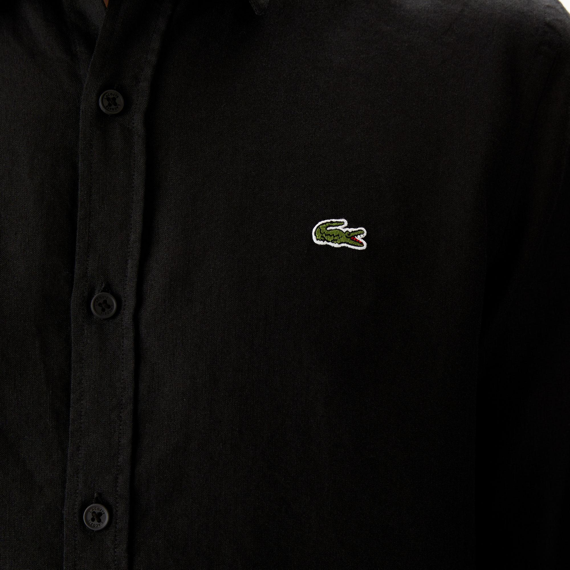 Erkek Slim Fit Keten Siyah Gömlek