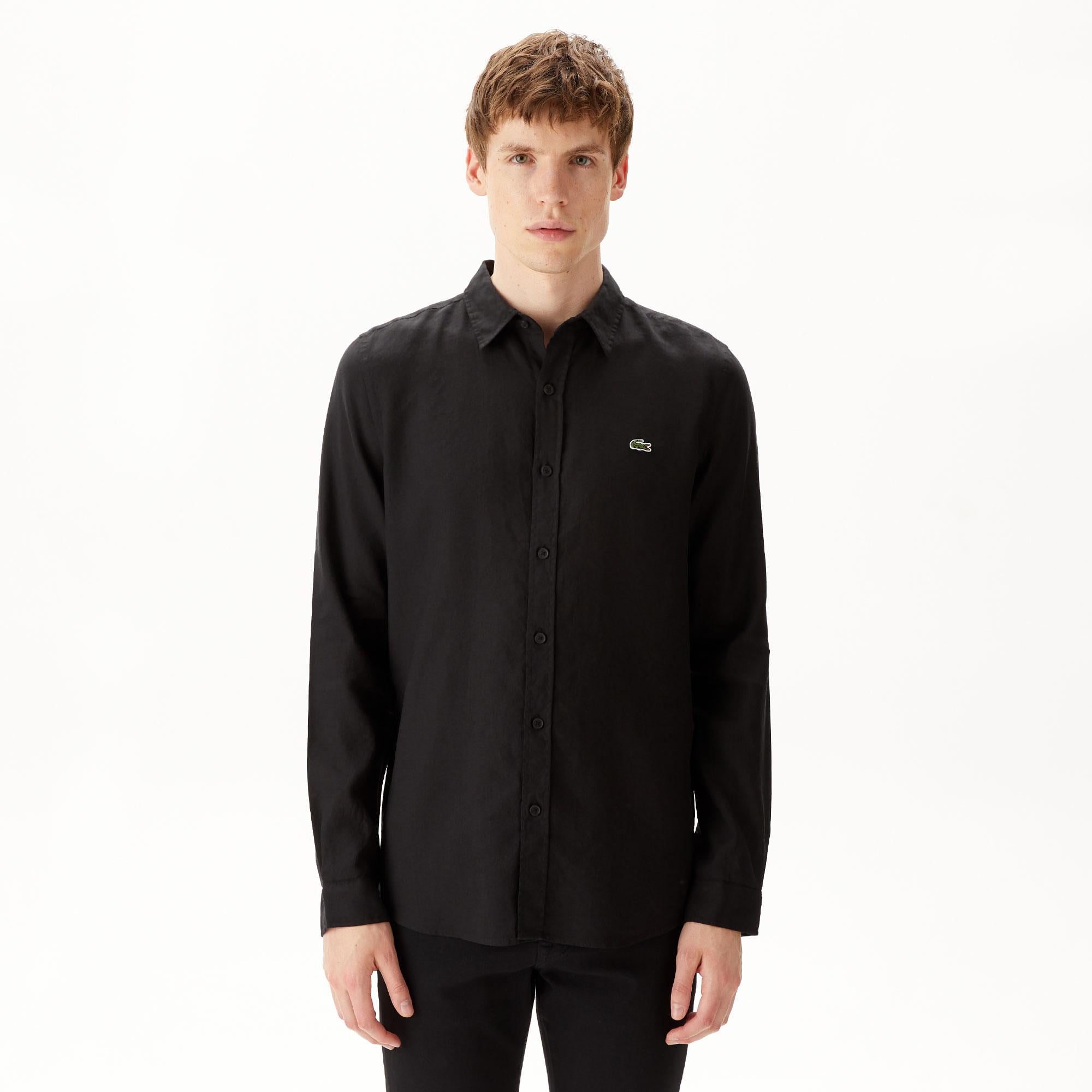 Erkek Slim Fit Keten Siyah Gömlek