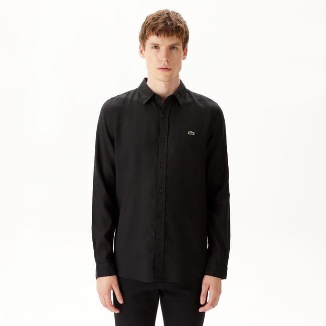  Erkek Slim Fit Keten Siyah Gömlek