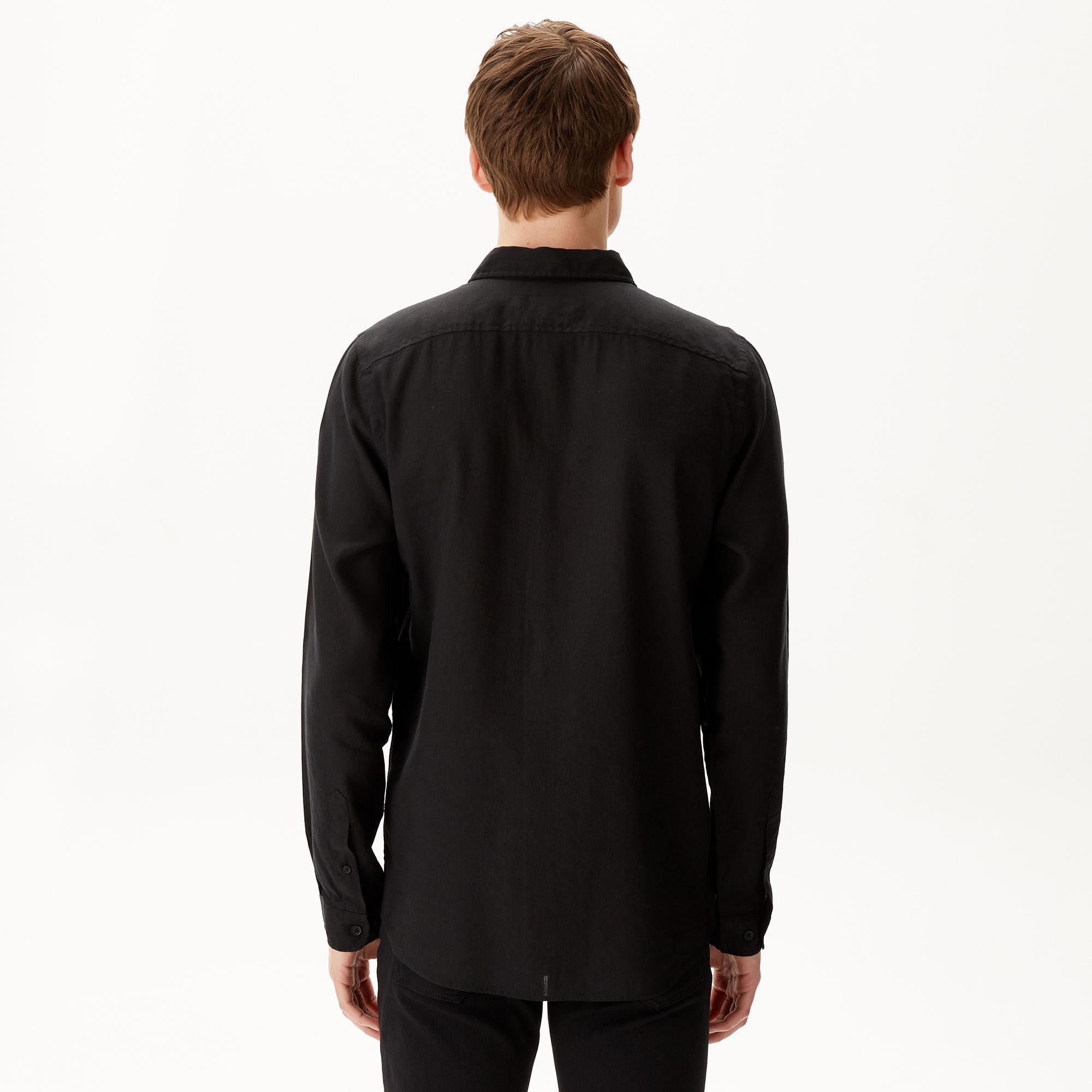 Erkek Slim Fit Keten Siyah Gömlek