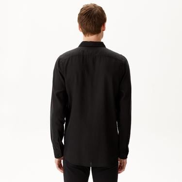  Erkek Slim Fit Keten Siyah Gömlek