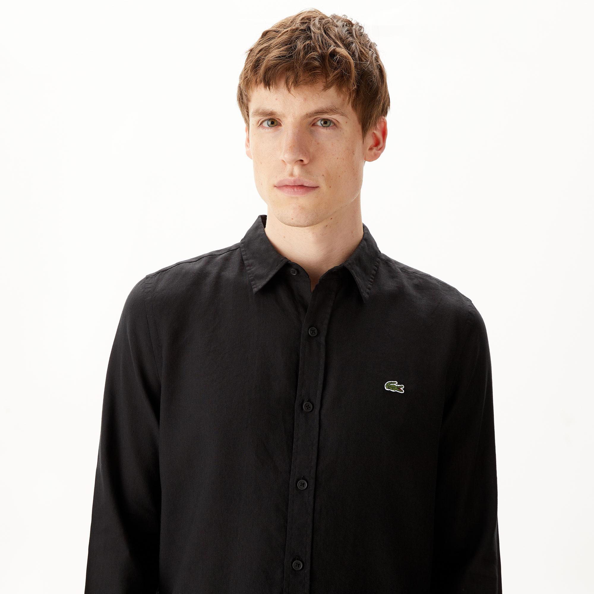 Erkek Slim Fit Keten Siyah Gömlek