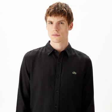  Erkek Slim Fit Keten Siyah Gömlek