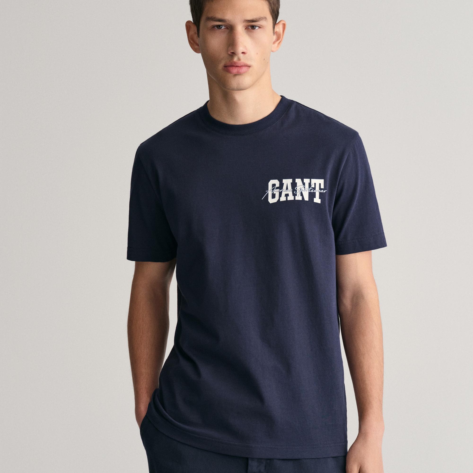 GANT Erkek Lacivert Regular Fit Bisiklet Yaka Logolu T-shirt