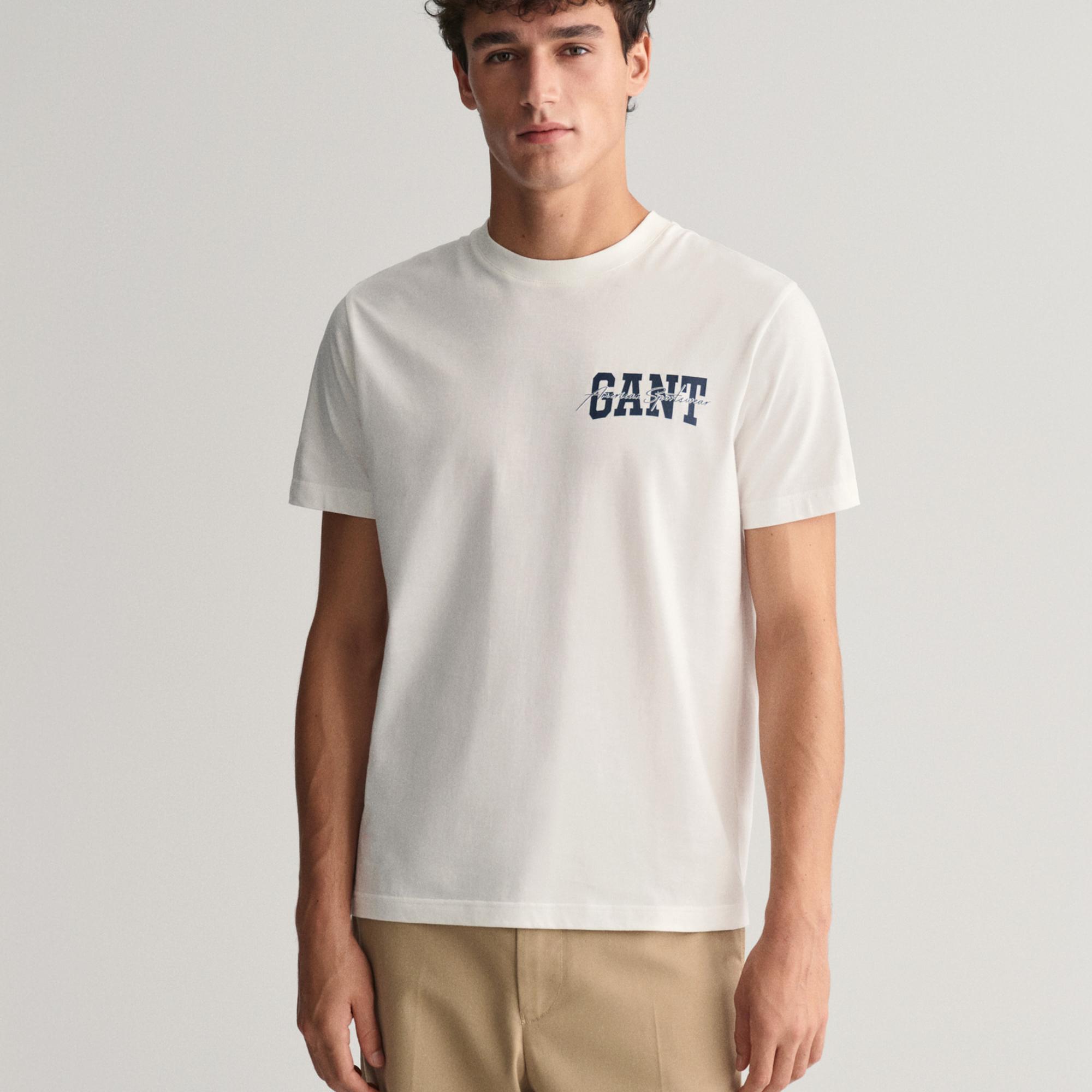 GANT Erkek Krem Regular Fit Bisiklet Yaka Logolu T-shirt