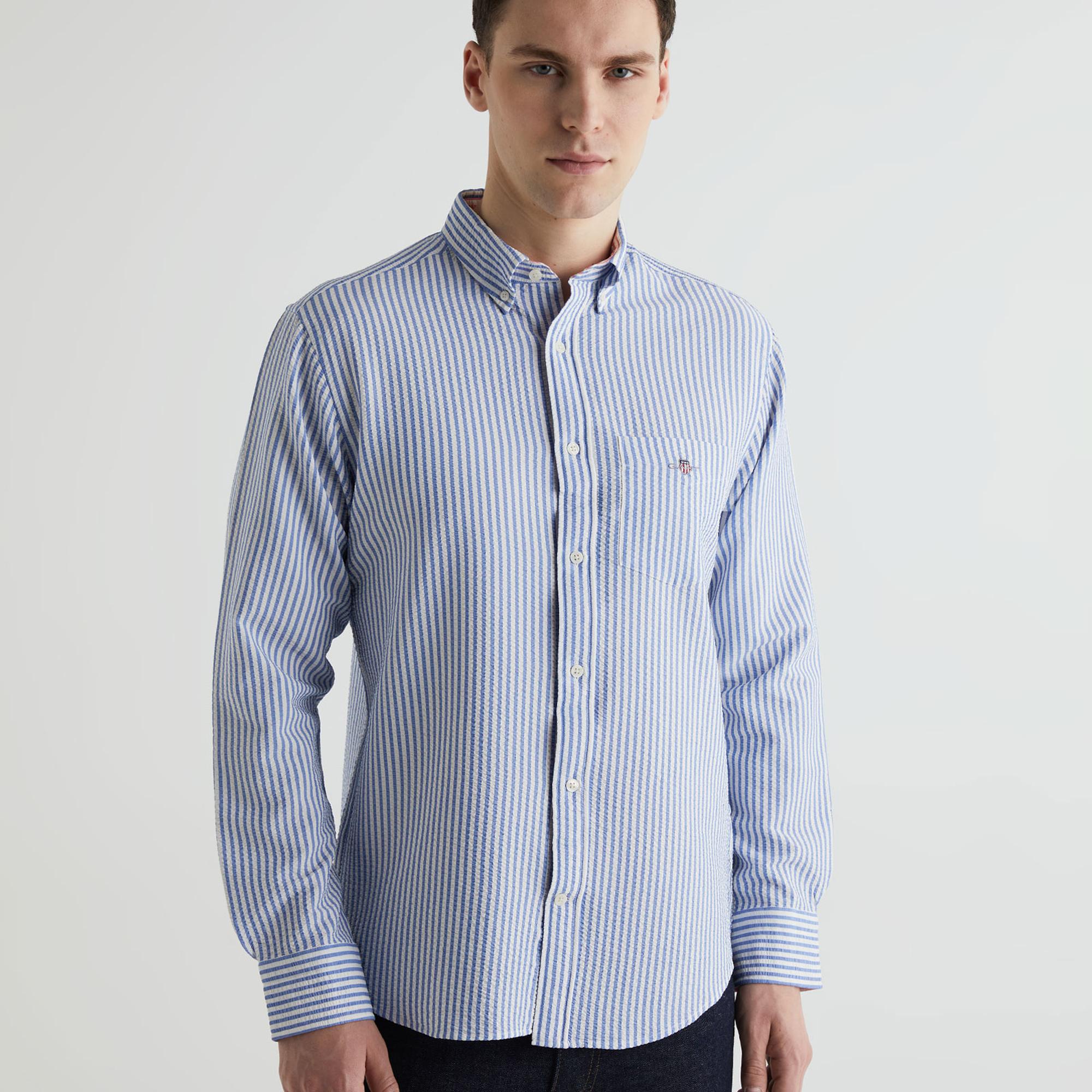 GANT Erkek Mavi Regular Fit Klasik Yaka Çizgili Gömlek