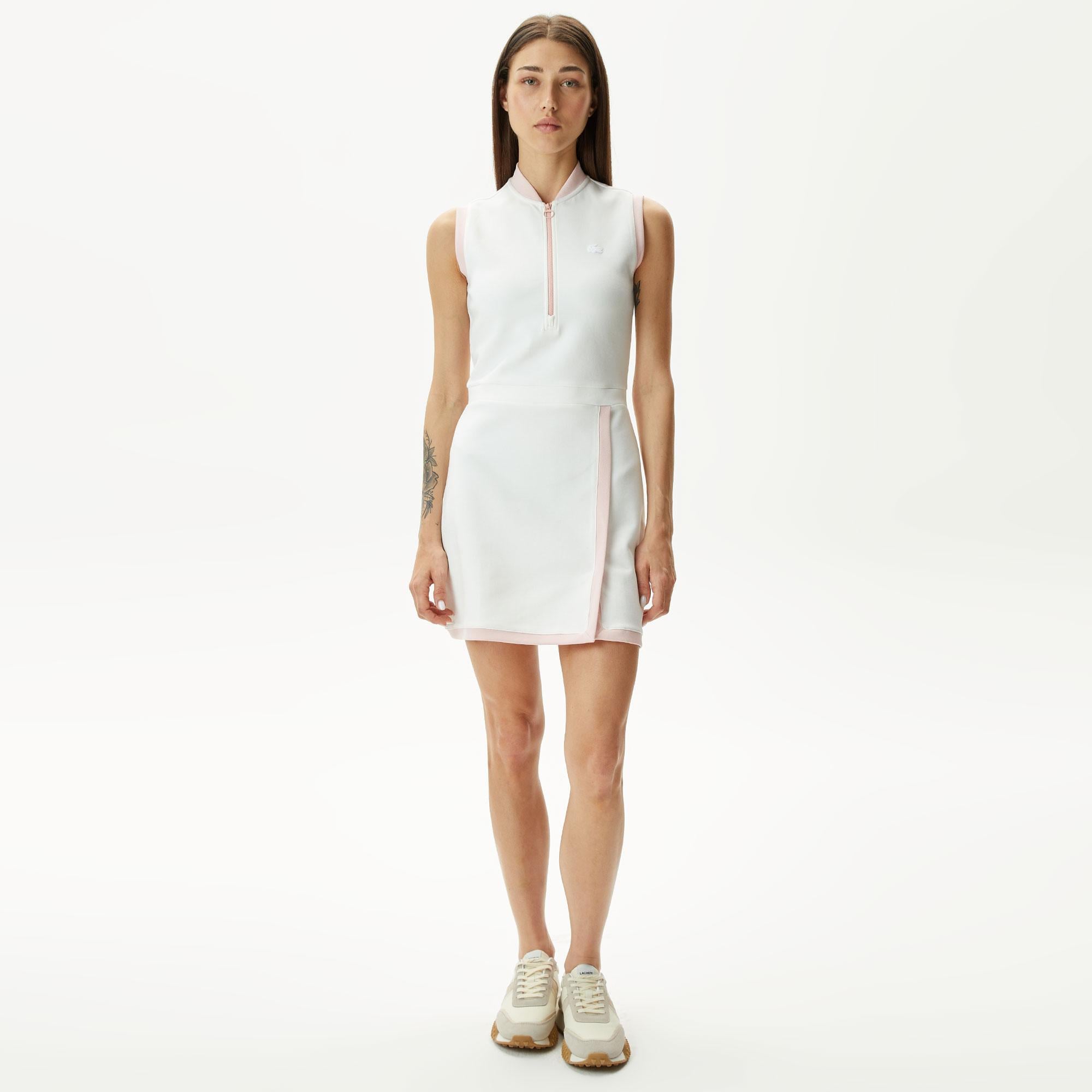 Lacoste Kadın Regular Fit Kolsuz Yarım Fermuarlı Renk Bloklu Beyaz Elbise