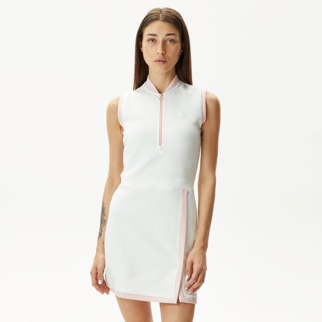  Kadın Regular Fit Kolsuz Yarım Fermuarlı Renk Bloklu Beyaz Elbise