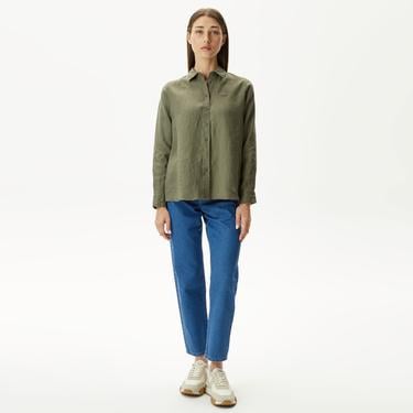  Kadın Keten Yeşil Gömlek
