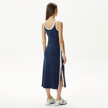  Kadın Slim Fit Kolsuz Bisiklet Yaka Renk Bloklu Lacivert Elbise