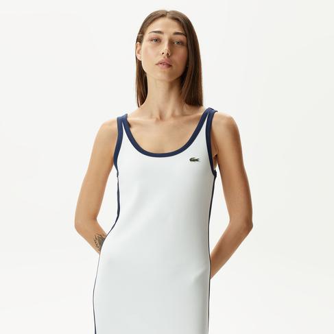  Kadın Slim Fit Kolsuz Bisiklet Yaka Renk Bloklu Beyaz Elbise