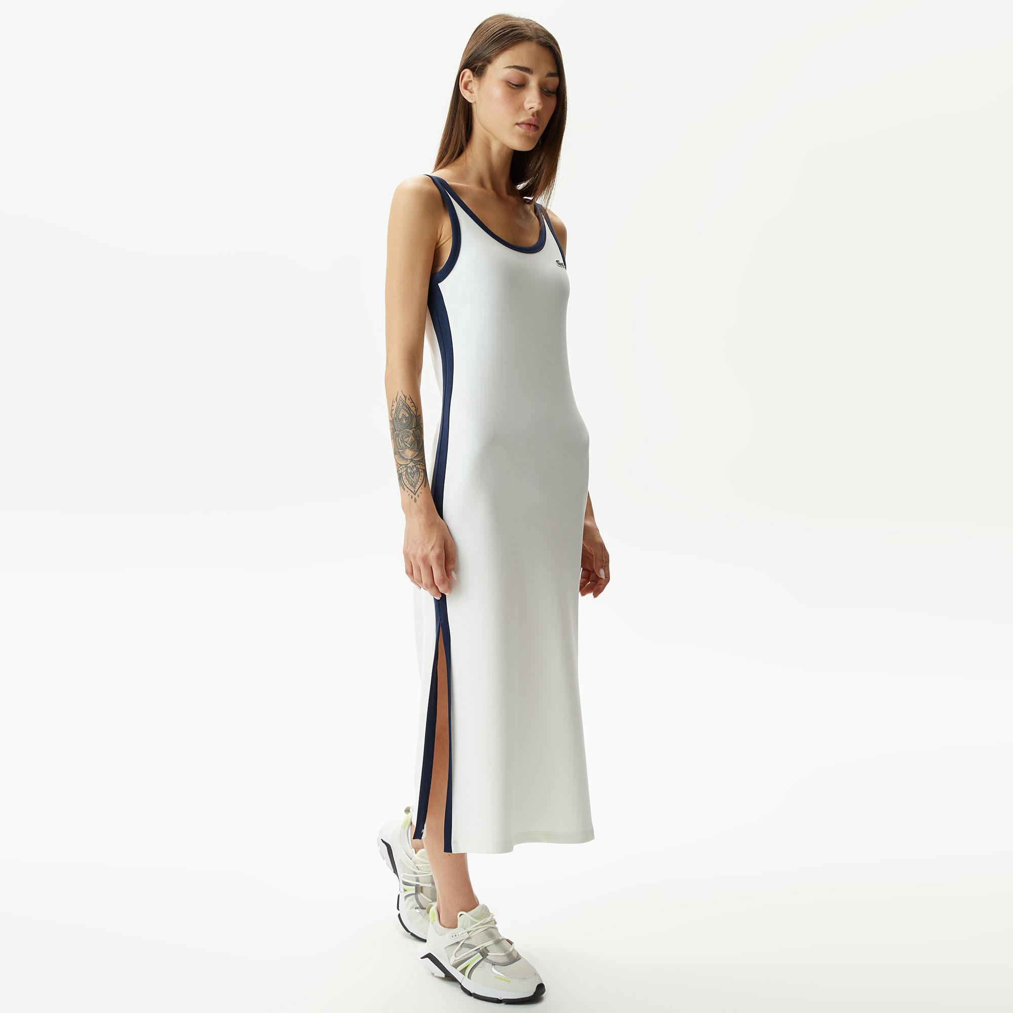 Lacoste Kadın Slim Fit Kolsuz Bisiklet Yaka Renk Bloklu Beyaz Elbise