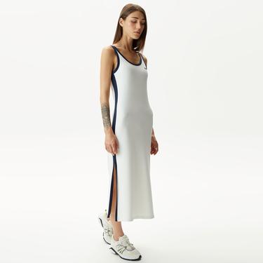  Kadın Slim Fit Kolsuz Bisiklet Yaka Renk Bloklu Beyaz Elbise