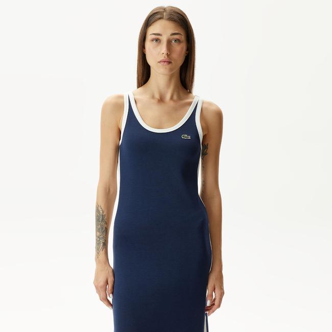  Kadın Slim Fit Kolsuz Bisiklet Yaka Renk Bloklu Lacivert Elbise