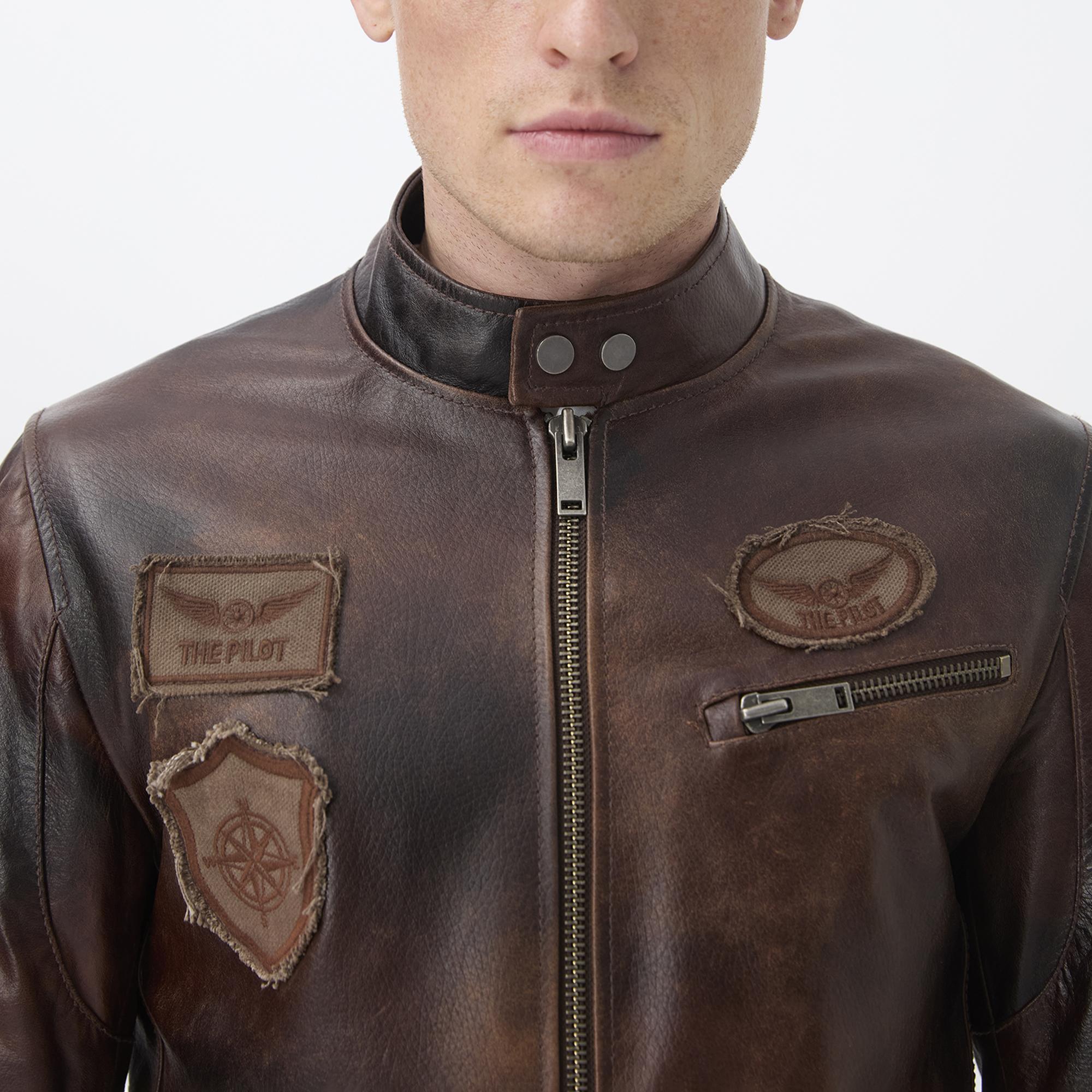 Kahve Erkek Vintage Deri Biker Ceket