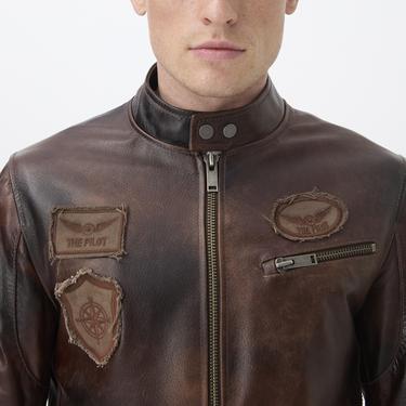  Kahve Erkek Vintage Deri Biker Ceket