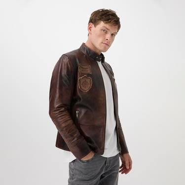  Kahve Erkek Vintage Deri Biker Ceket
