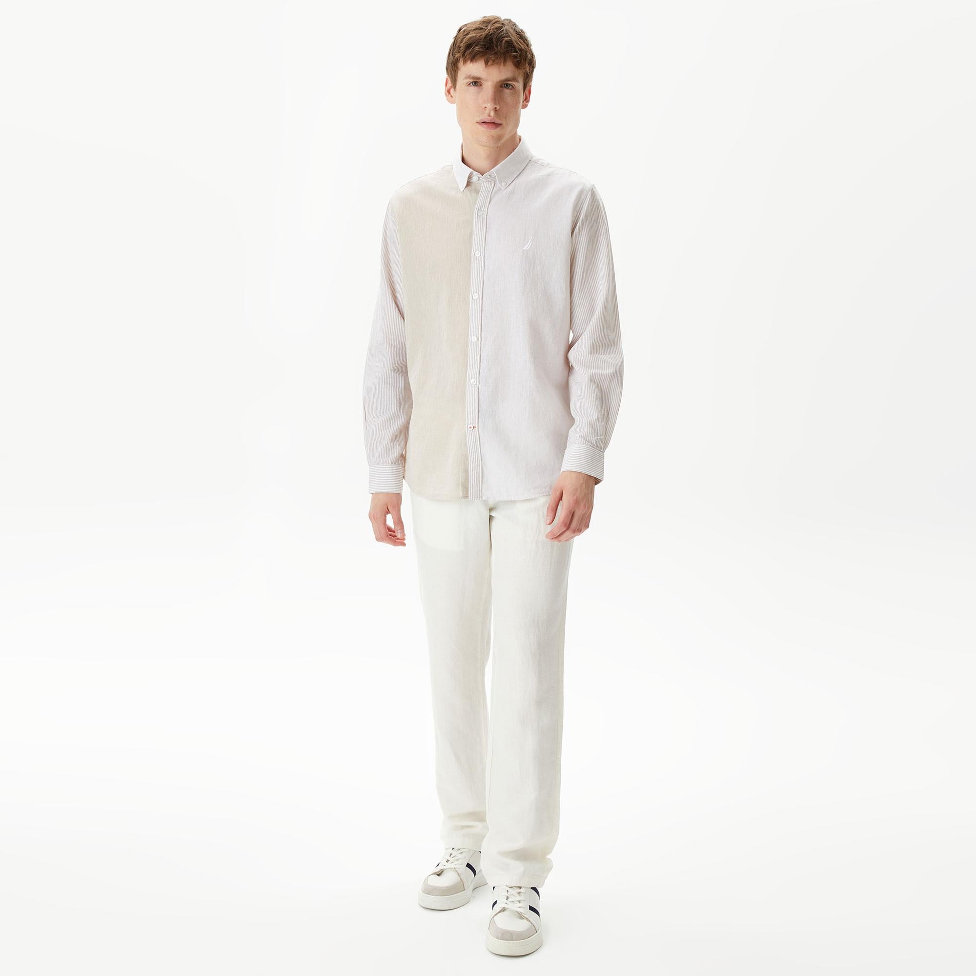 Nautica Erkek Kırık Beyaz Classic Fit Uzun Kollu Renk Bloklu Gömlek