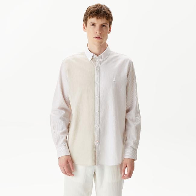  Nautica Erkek Kırık Beyaz Classic Fit Uzun Kollu Renk Bloklu Gömlek