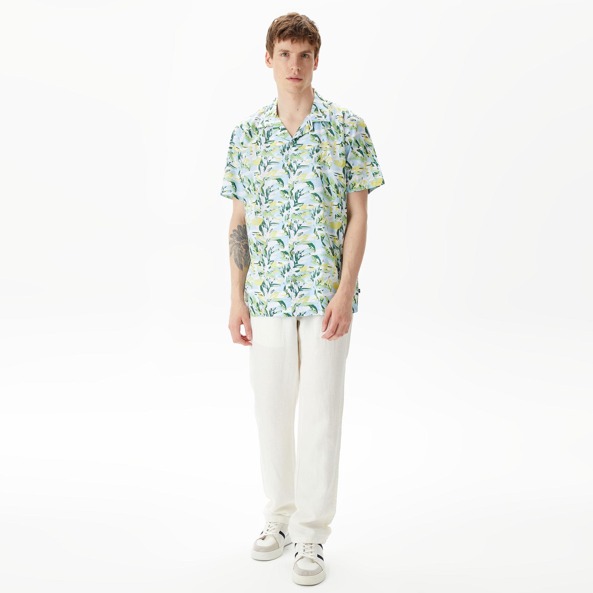 Nautica Erkek Mavi Classic Fit Kısa Kollu Desenli Gömlek