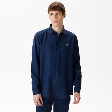  Lacoste Erkek Regular Fit Keten Lacivert Gömlek