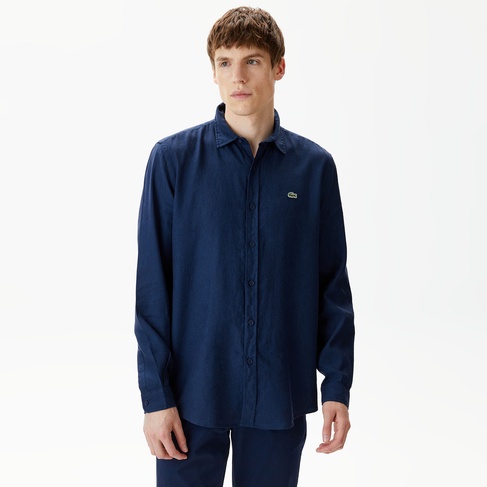  Lacoste Erkek Regular Fit Keten Lacivert Gömlek