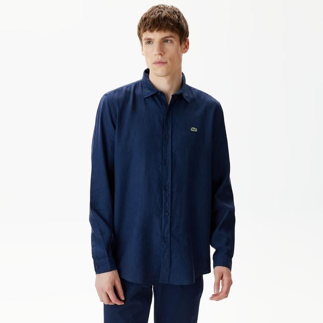  Lacoste Erkek Regular Fit Keten Lacivert Gömlek