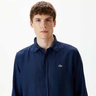  Lacoste Erkek Regular Fit Keten Lacivert Gömlek