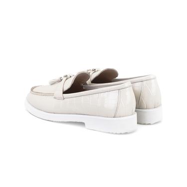  Kadın Ekru Kroko Baskılı Deri Loafer