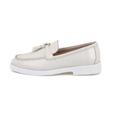  Kadın Ekru Kroko Baskılı Deri Loafer