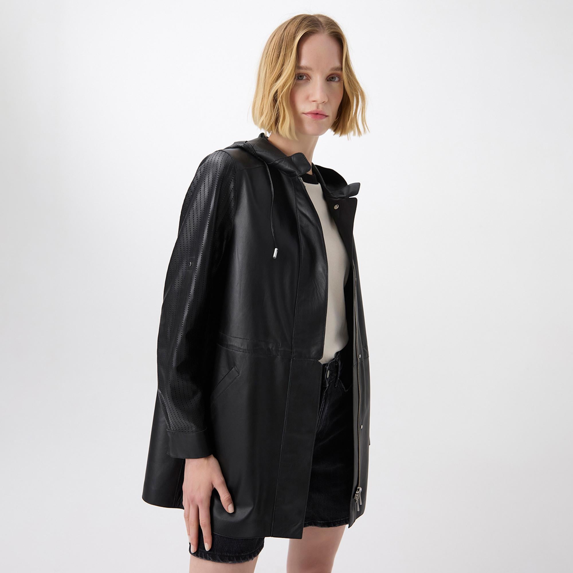 Aldabella Siyah Kadın Perforeli Deri Pardösü