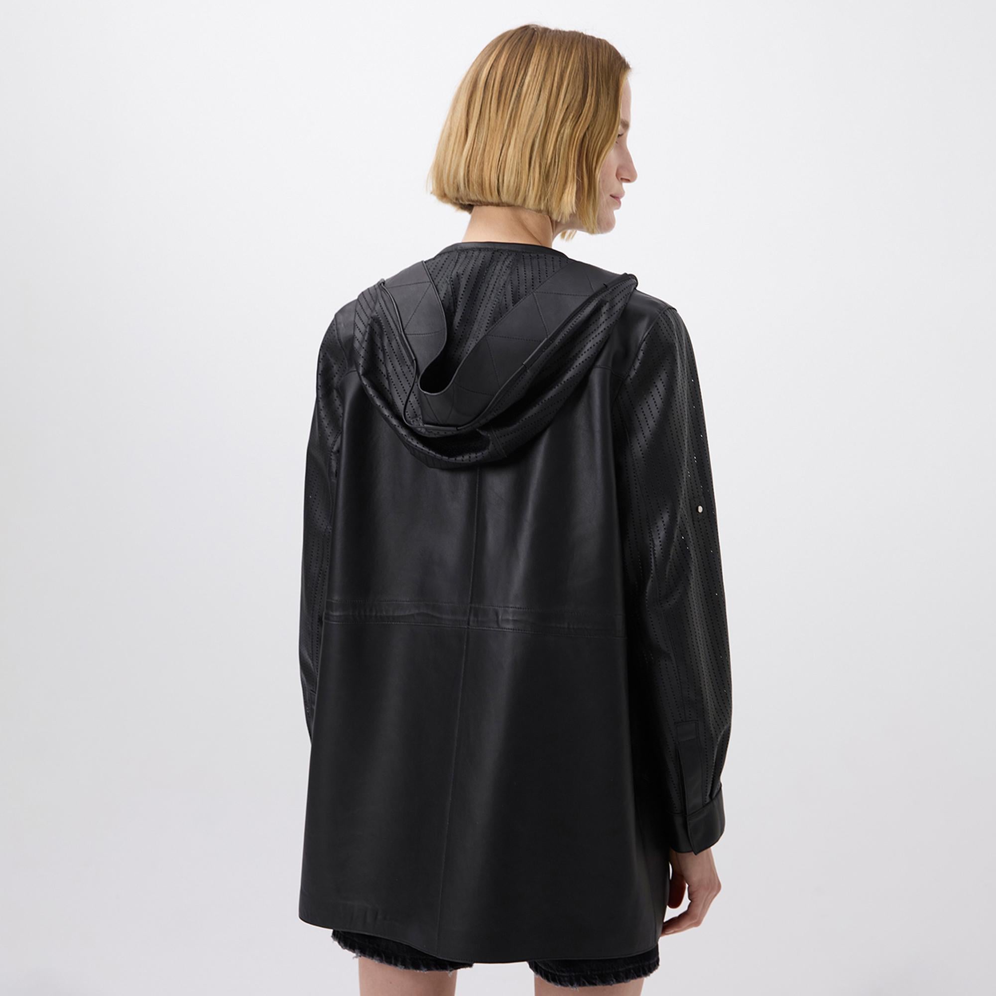 Aldabella Siyah Kadın Perforeli Deri Pardösü