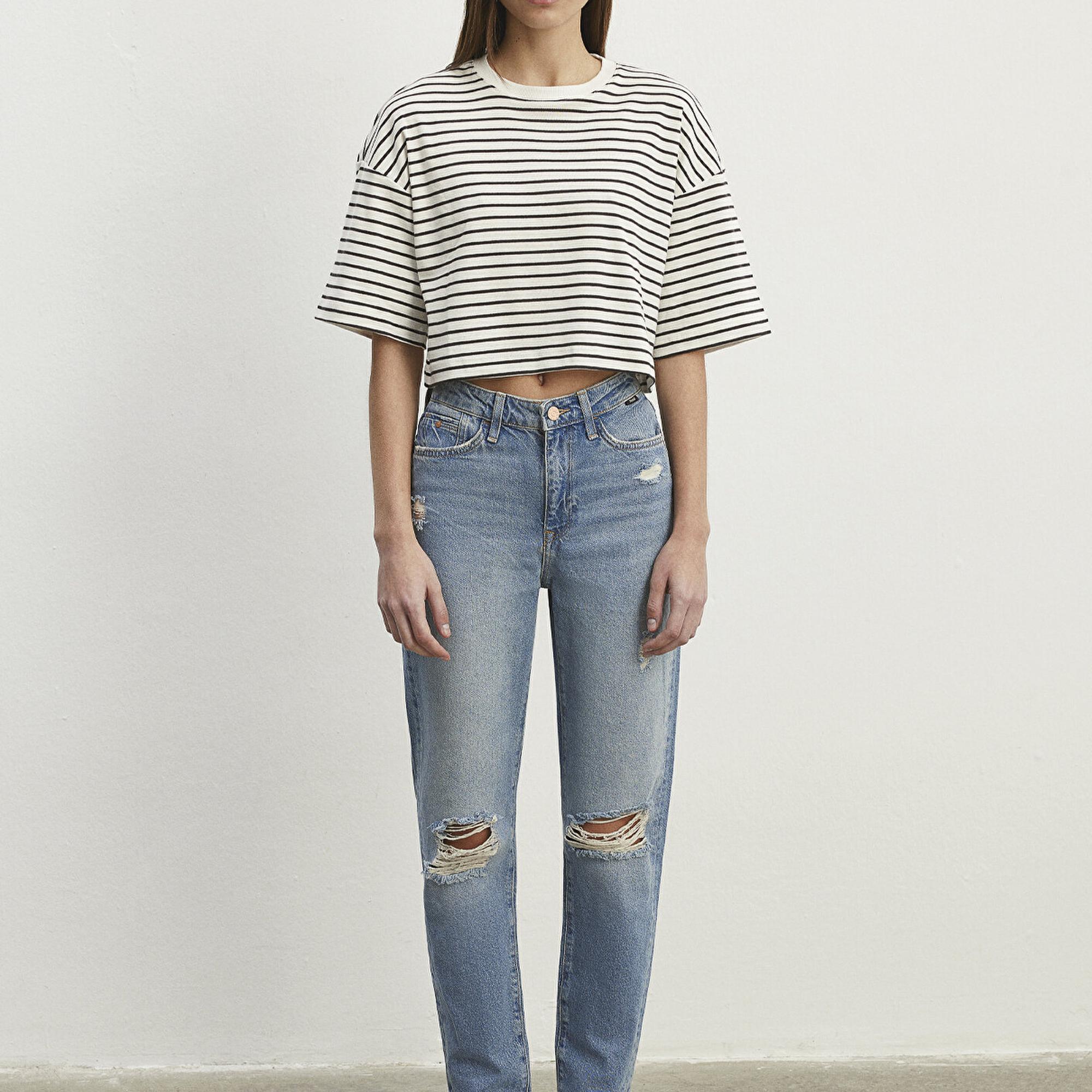 Mavi Çizgili Crop Tişört Crop / Kısa Kesim 1612700-85308