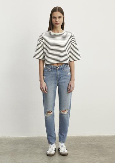  Mavi Çizgili Crop Tişört Crop / Kısa Kesim 1612700-85308