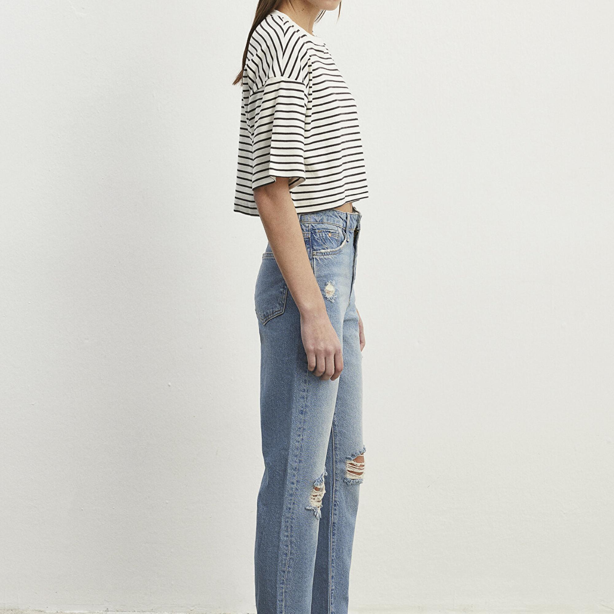 Mavi Çizgili Crop Tişört Crop / Kısa Kesim 1612700-85308