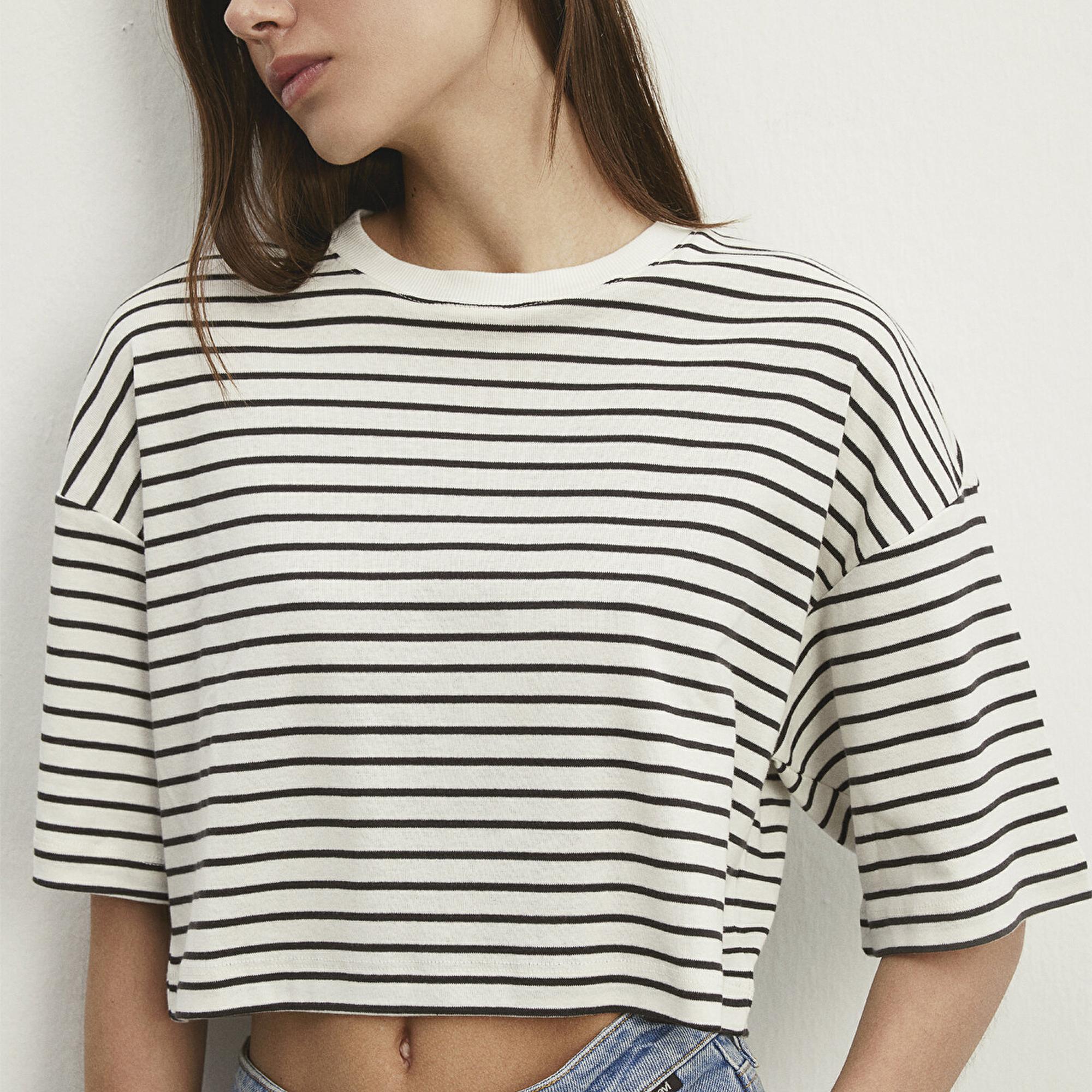 Mavi Çizgili Crop Tişört Crop / Kısa Kesim 1612700-85308