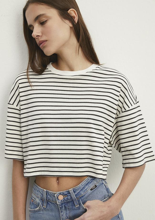  Mavi Çizgili Crop Tişört Crop / Kısa Kesim 1612700-85308