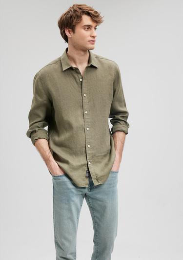  Mavi Haki Keten Gömlek Slim Fit / Dar Kesim 021190-86627