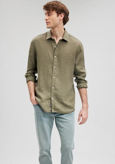  Mavi Haki Keten Gömlek Slim Fit / Dar Kesim 021190-86627