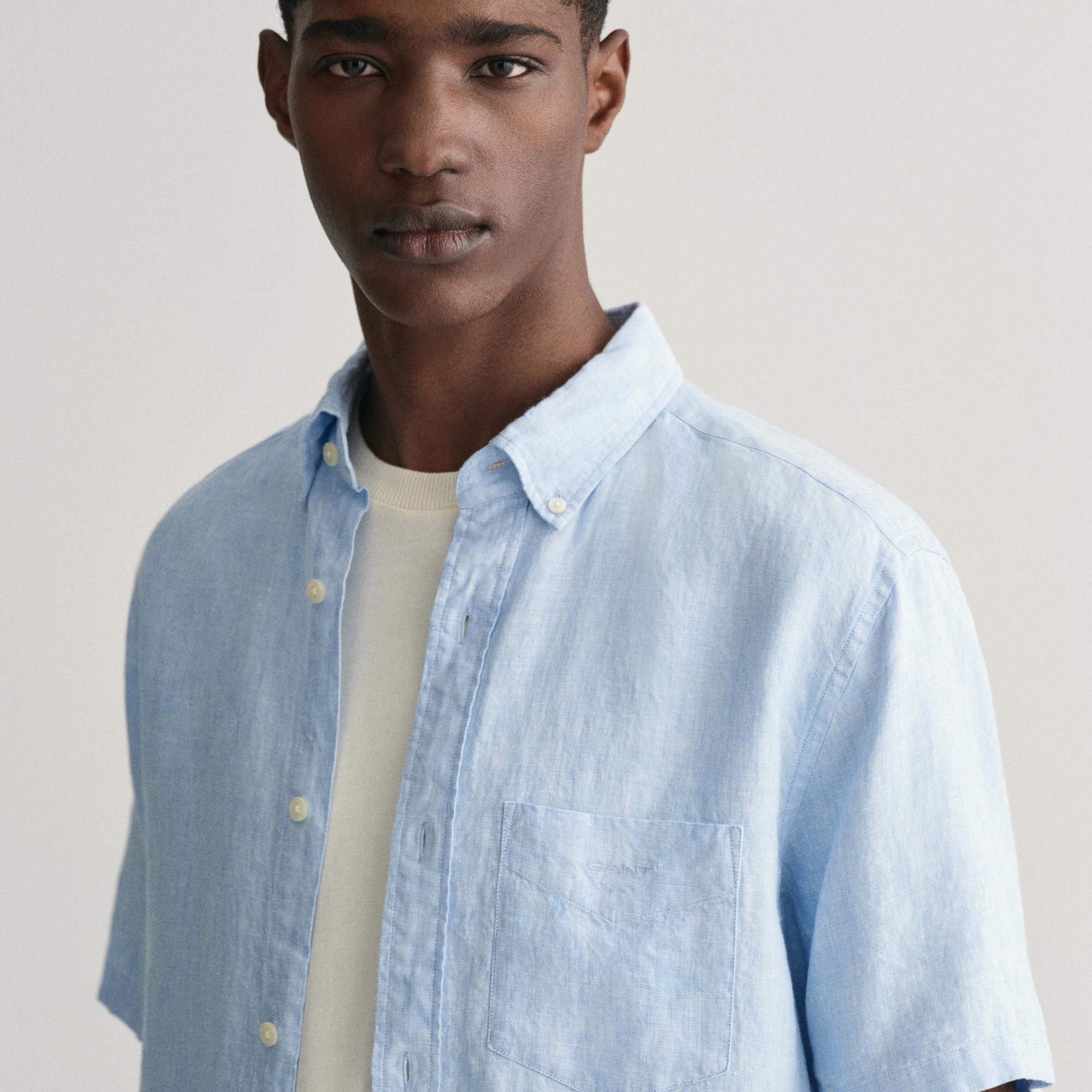 GANT Erkek Mavi Regular Fit Düğmeli Yaka Keten Gömlek