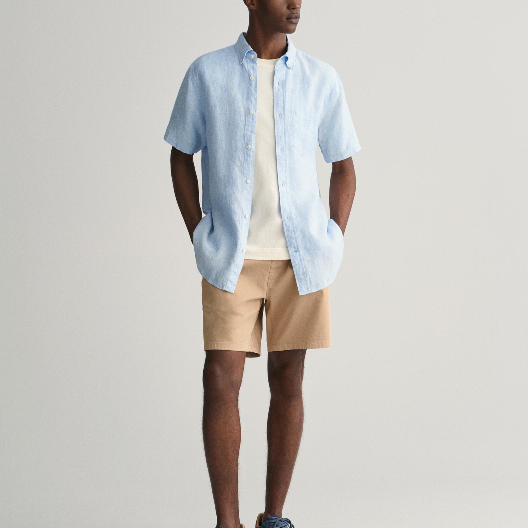 GANT Erkek Mavi Regular Fit Düğmeli Yaka Keten Gömlek