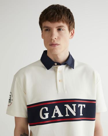  Erkek Krem Oversize Fit Renk Bloklu Logolu Polo