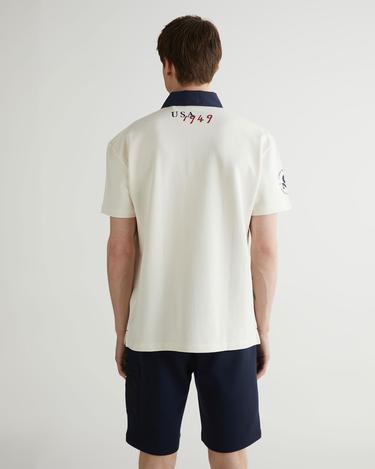 Erkek Krem Oversize Fit Renk Bloklu Logolu Polo