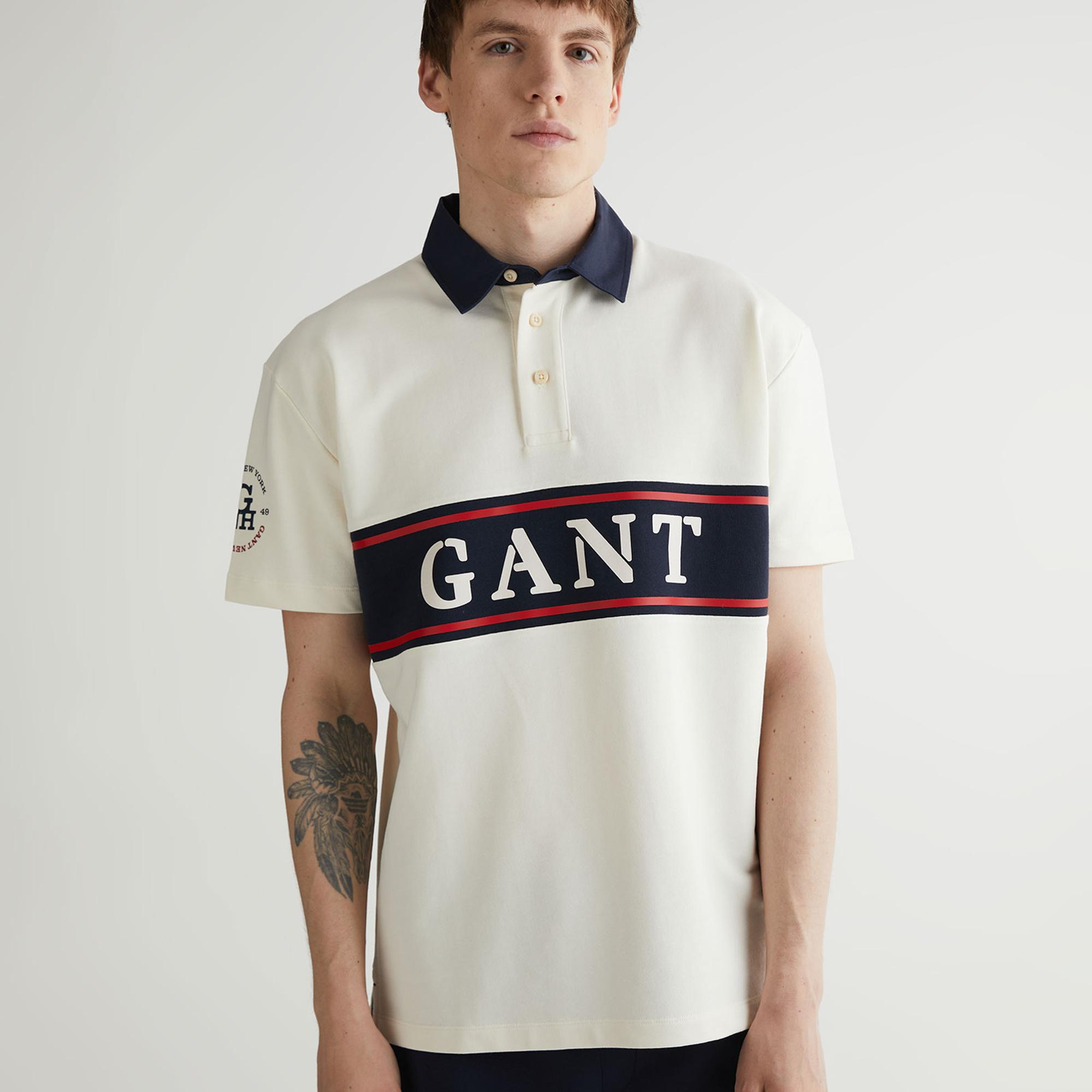 Erkek Krem Oversize Fit Renk Bloklu Logolu Polo