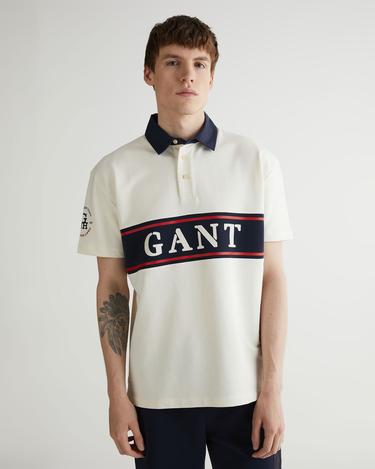  Erkek Krem Oversize Fit Renk Bloklu Logolu Polo