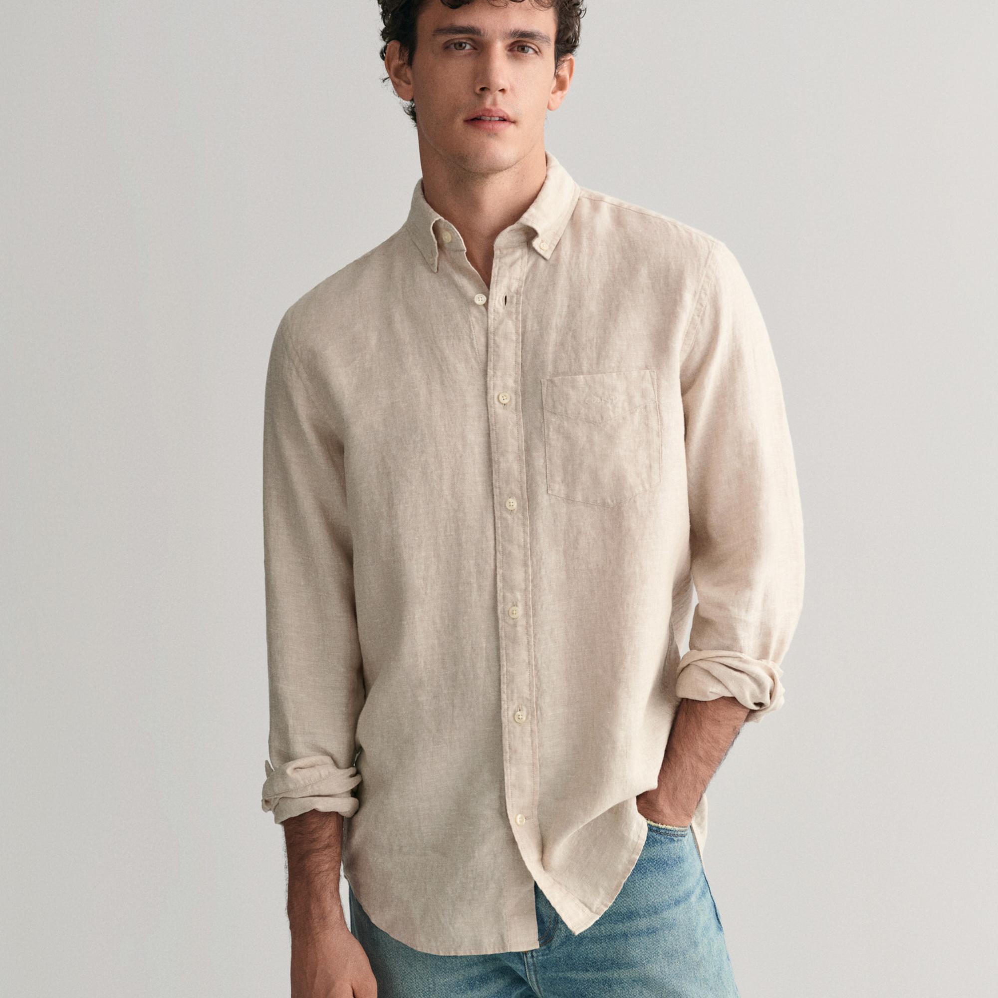 GANT Erkek Bej Regular Fit Düğmeli Yaka Keten Gömlek