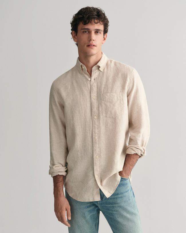  GANT Erkek Bej Regular Fit Düğmeli Yaka Keten Gömlek